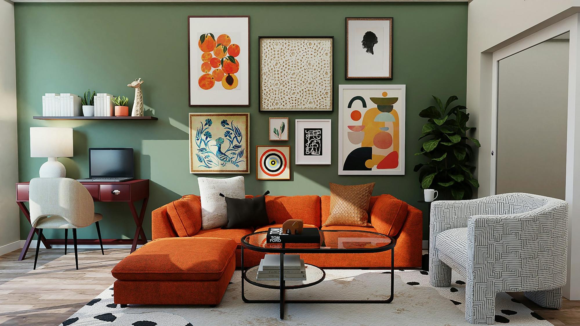 A colourful living room with a terracotta sofa