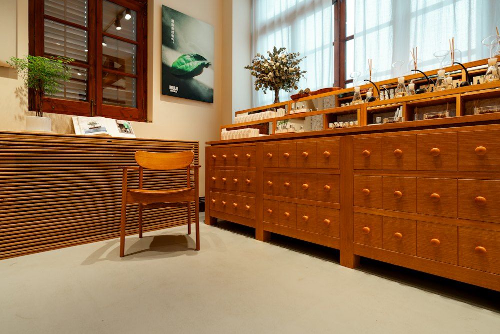 Traditional wooden cabinets and chair in a room