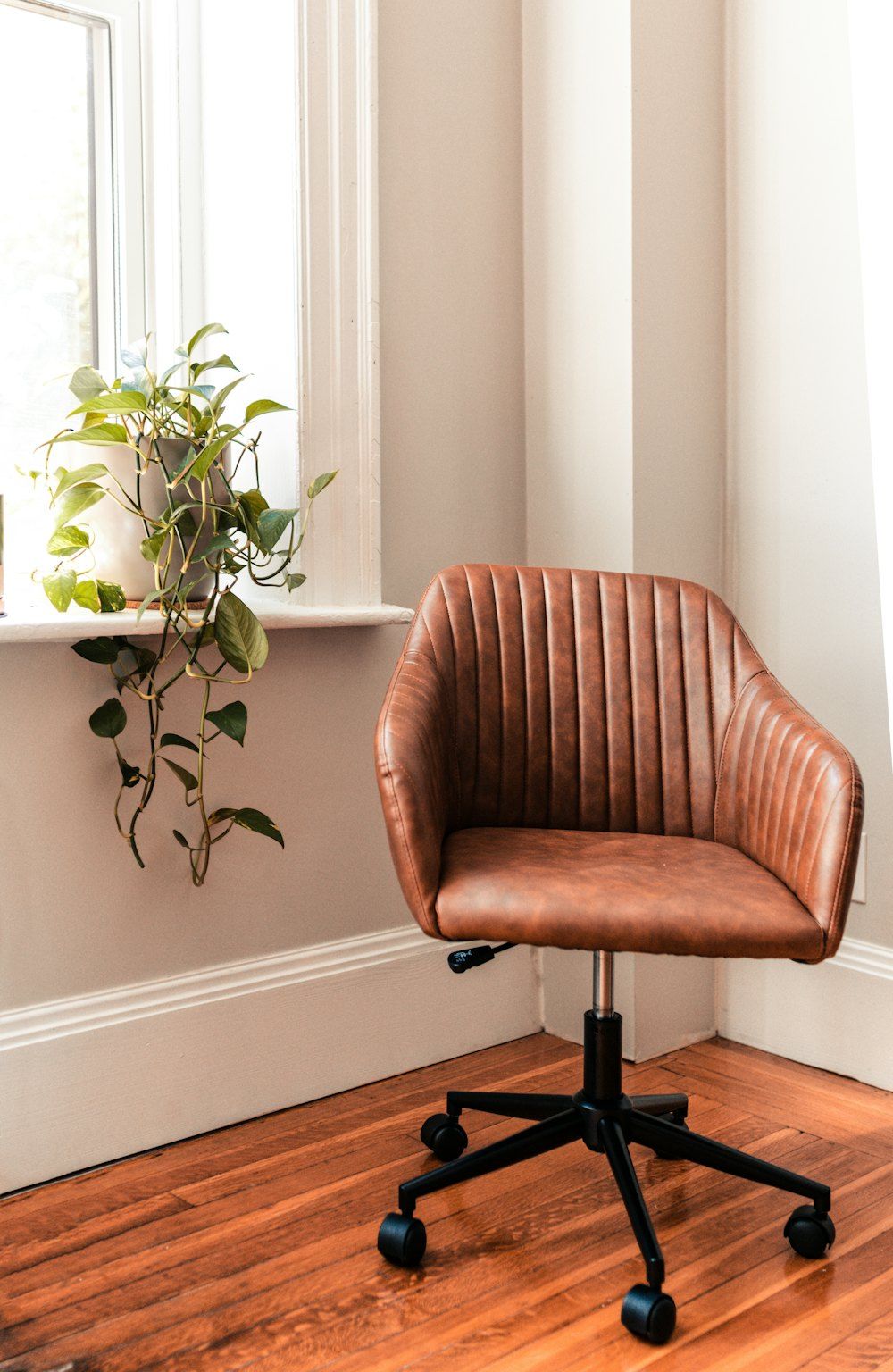 Brown and black rolling chair beside green plant