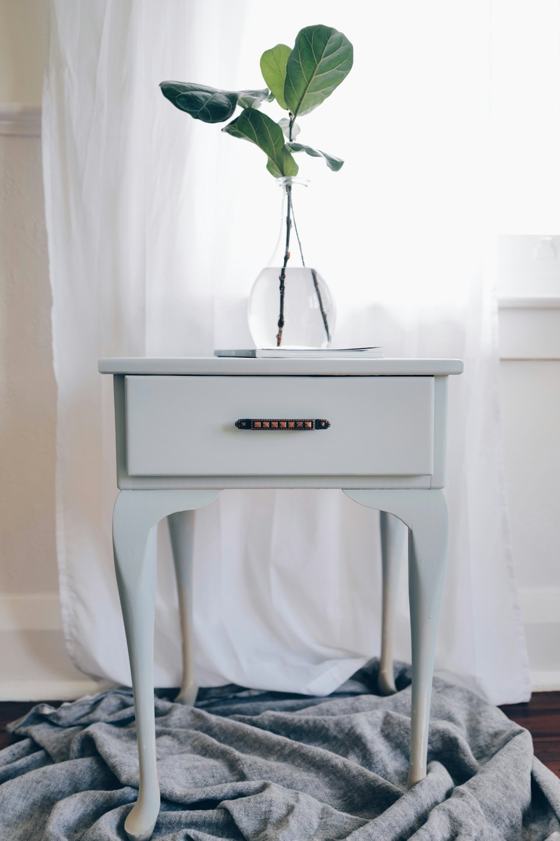 A white table with a plant on top