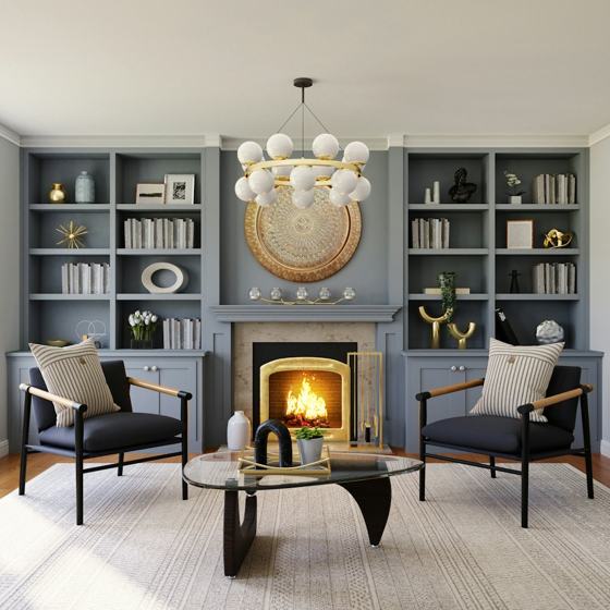 Two black armchairs facing a fireplace with a lit fire and built-in bookshelves