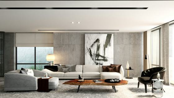 Modern living room with sectional sofa and artwork