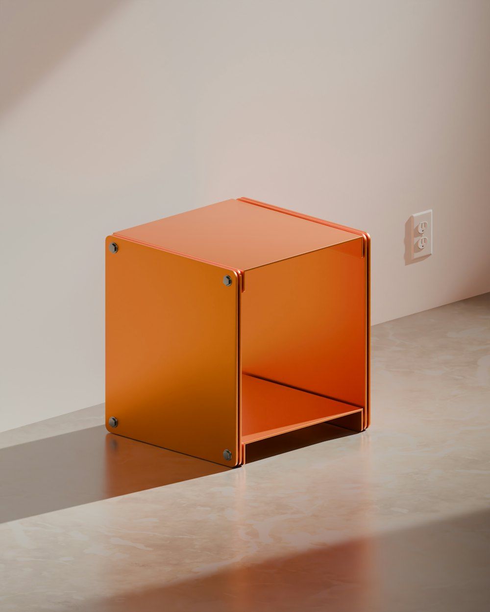 An orange cube-shaped side table is shown