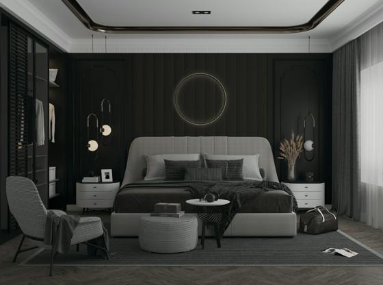 A bedroom with a large bed and a chair