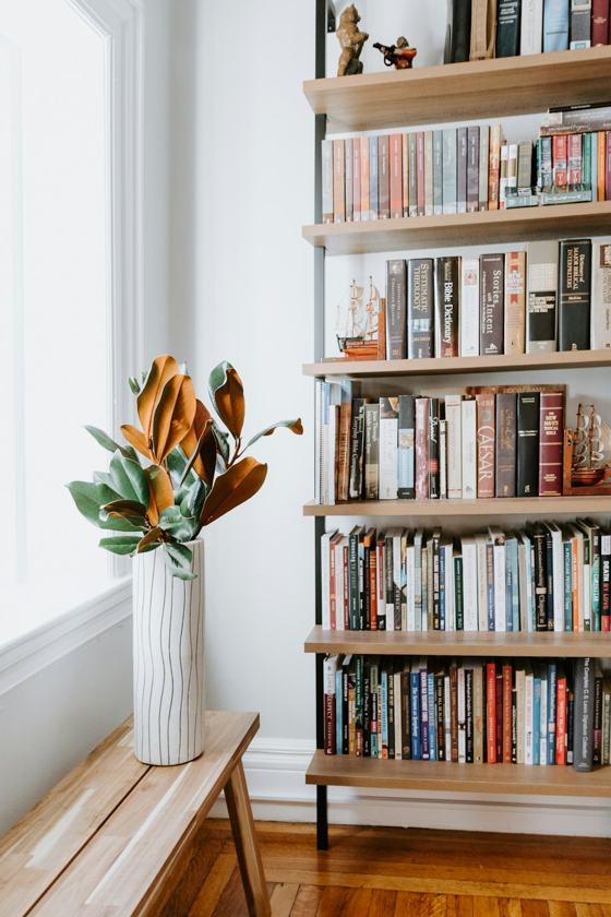 Books on white wooden shelf