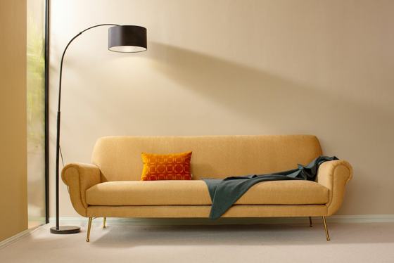 A living room with a couch and a lamp