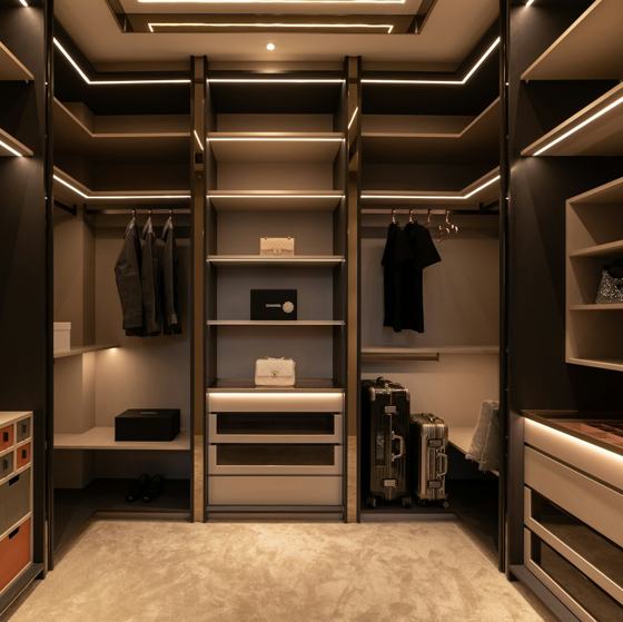 A walk - in closet with shelves, drawers, and a suitcase