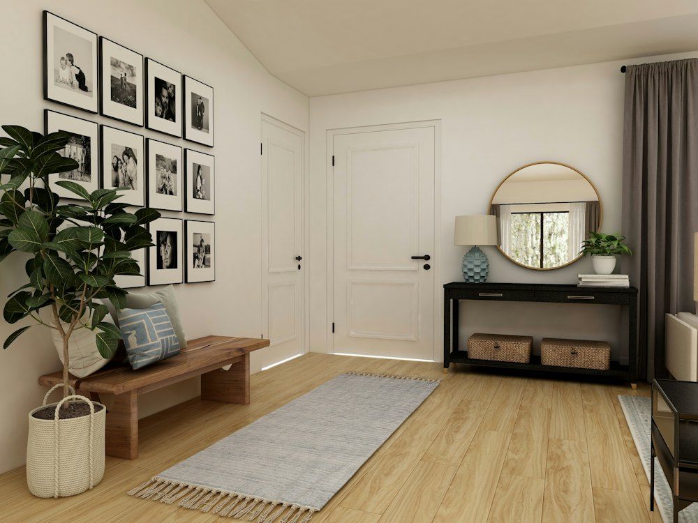 Brown wooden coffee table near white wooden door