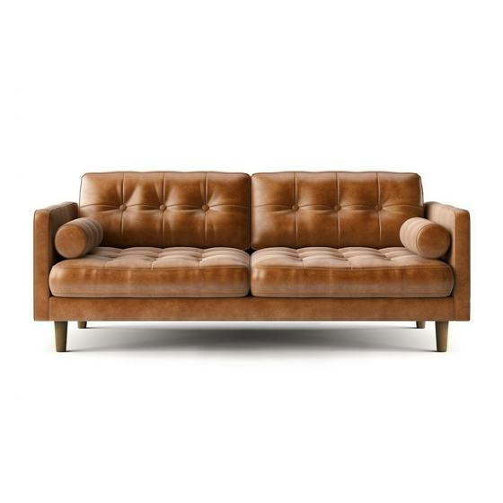 A brown leather couch sitting on top of a white floor
