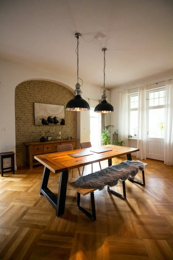 Brown wooden table with chairs