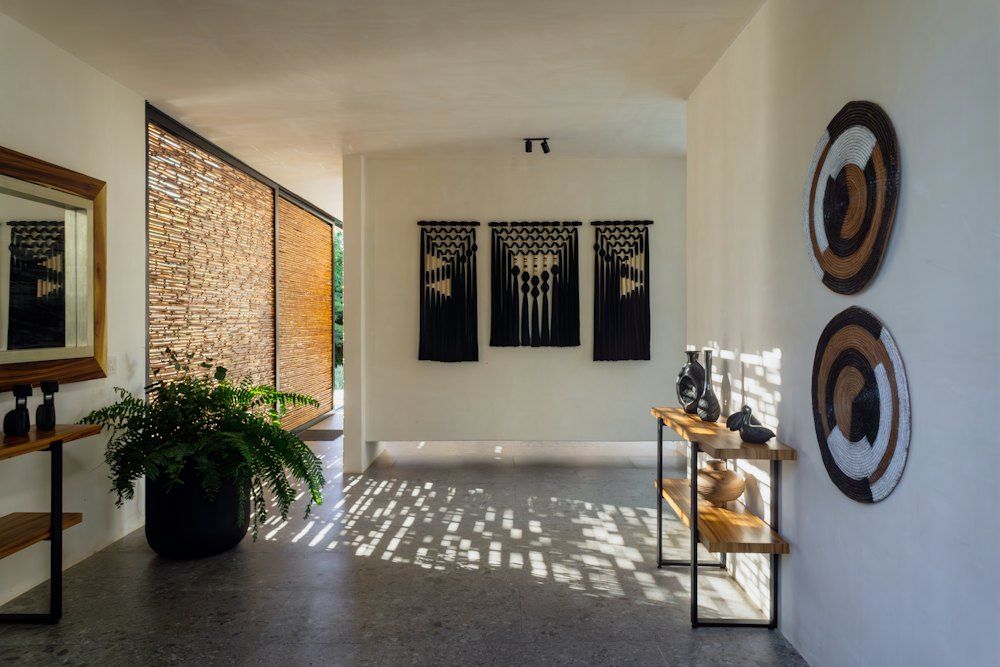 Modern hallway with decorative wall hangings and plants