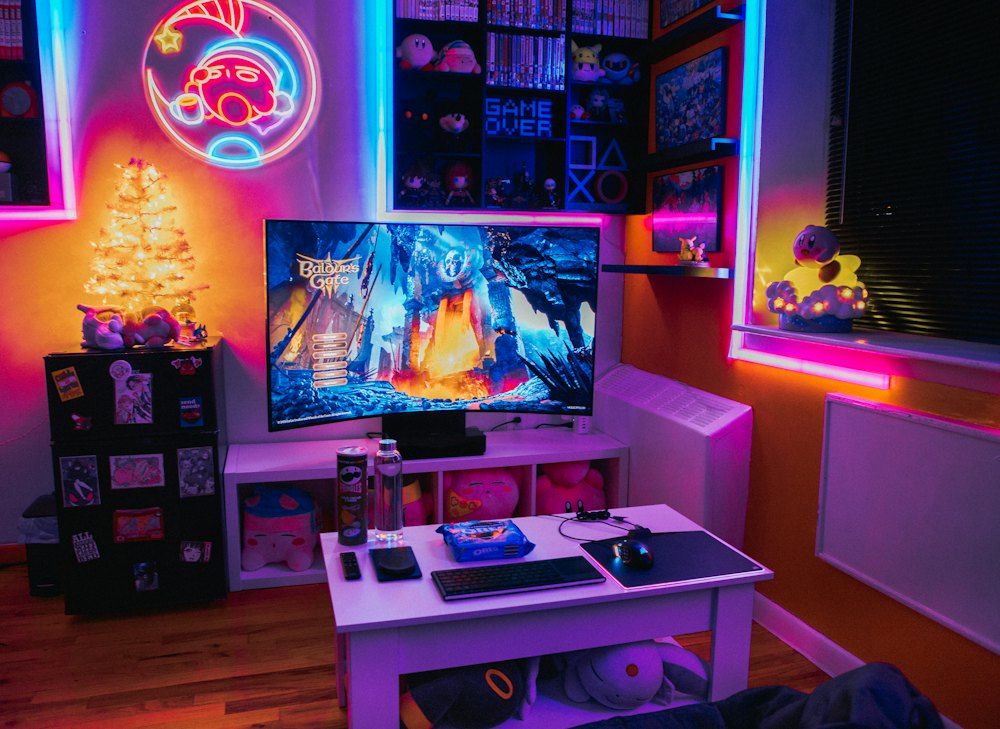A living room with a television and a game system