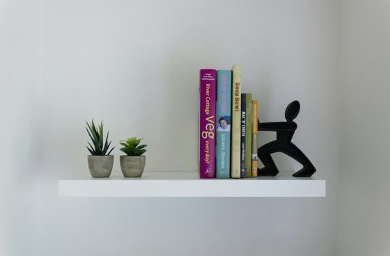 Books on white wooden shelf