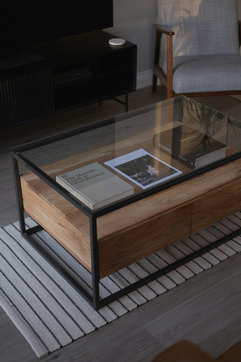 A coffee table with a book on top of it