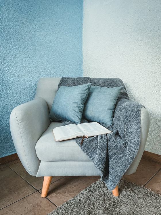 Gray sofa with throw pillows